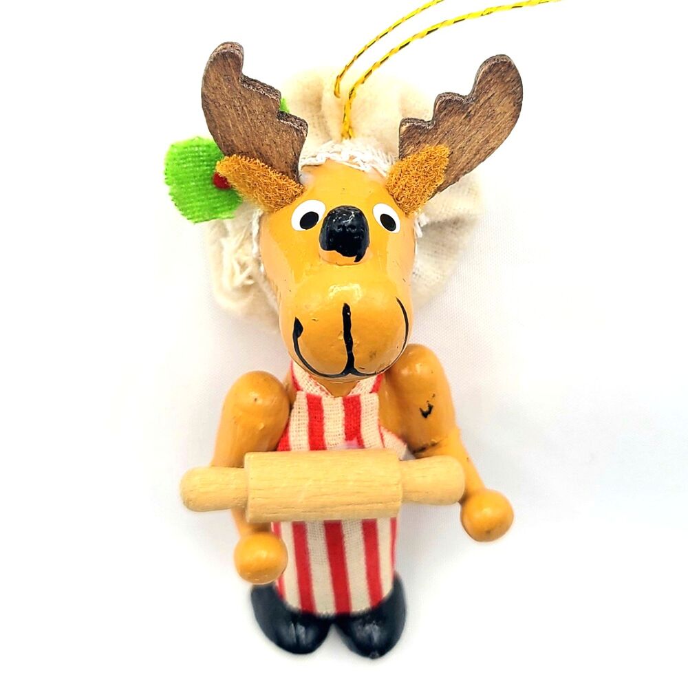 Vintage Wooden Reindeer Chef Ornament Baker Rolling Pin Xmas Holiday Decor